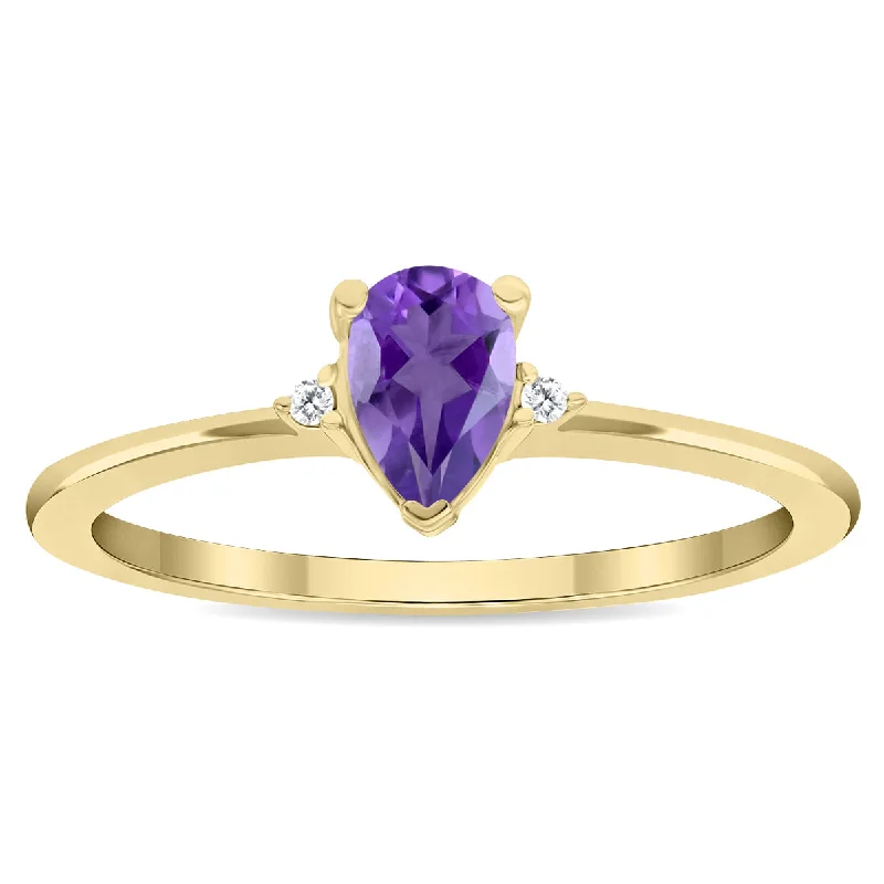 Rings with birthstone clusters for personalization -Women's Pear Shaped Amethyst And Diamond Classic Ring In 10K Yellow Gold