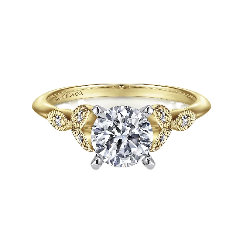 Rings with raw topaz for icy charm -Vintage Inspired 14K White-Yellow Gold Split Shank Round Diamond Engagement Ring