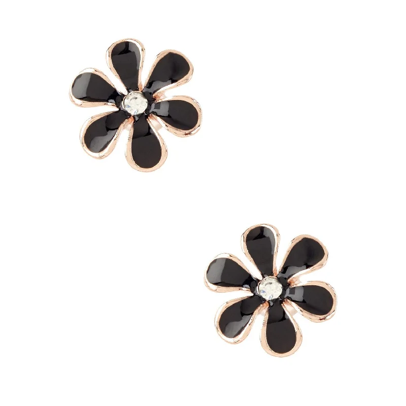 Stud Earrings with Symbolic Elements -Women's Fashion Flower Stud Earrings with CZ Accents & Black Enamel Design - Rose Gold