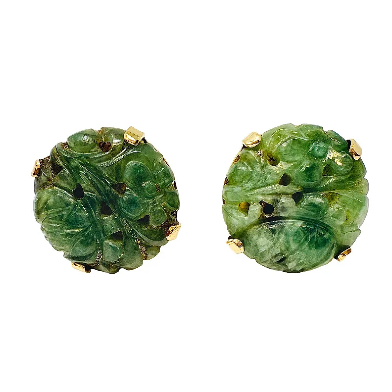 Stud Earrings with Textured Surface -14K Gold Stud Earrings with Carved Jade