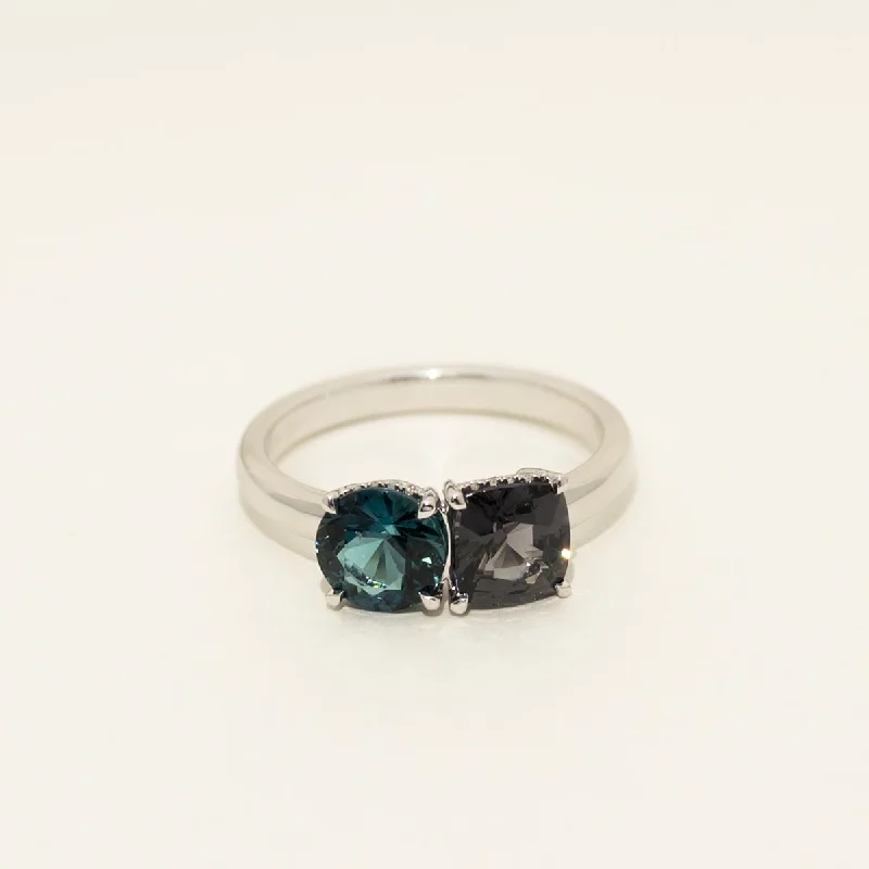 Rings with aquamarine stones for ocean charm -Gray Spinel and Indicolite Tourmaline Ring in 14kt White Gold with Diamonds (1/20ct tw)