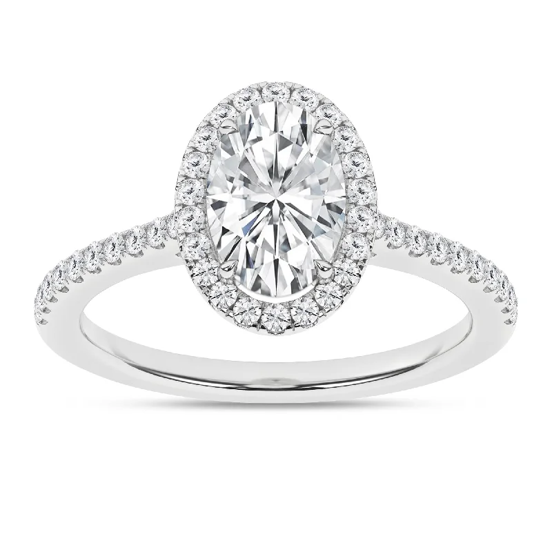 Rings with branch-inspired bands for organic -14K White Gold Lab Grown 1.80ctw Oval Diamond Halo Engagement Ring