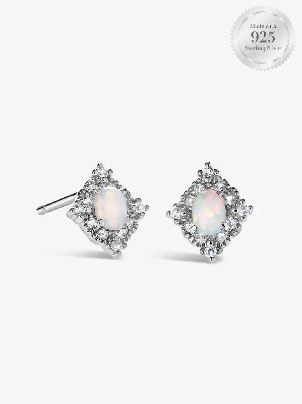 Stud Earrings for Work Attire -Oval Opal Halo Stud Earrings