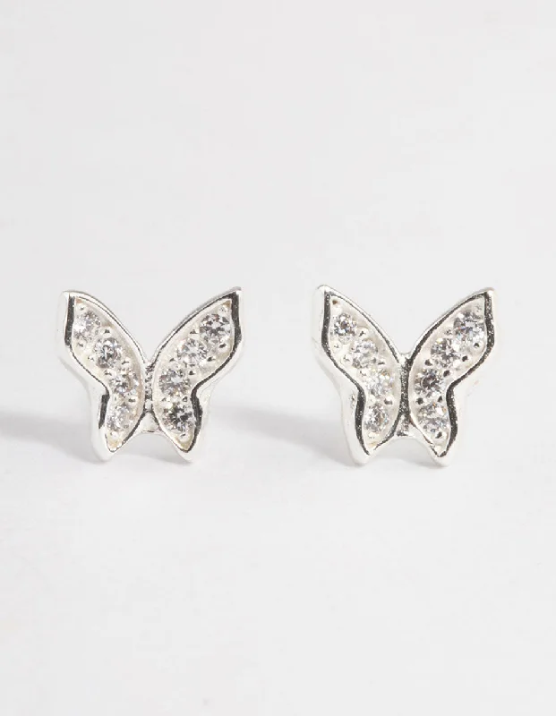 Contemporary Stud Earrings for Fashion -Sterling Silver Cubic Zirconia Pave Butterfly Stud Earrings