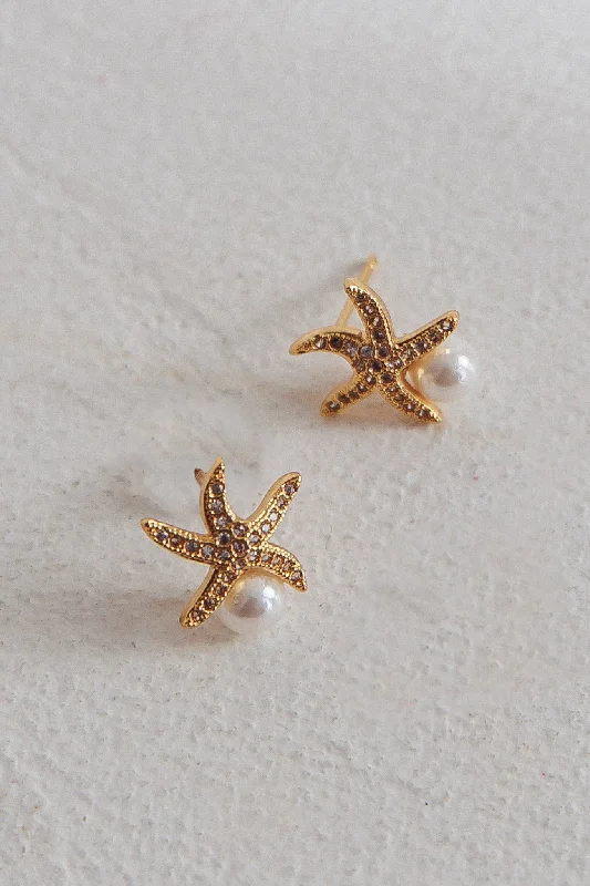 Silver Stud Earrings for Men -Ethereal Starfish With Pearl Stud Earrings Gold