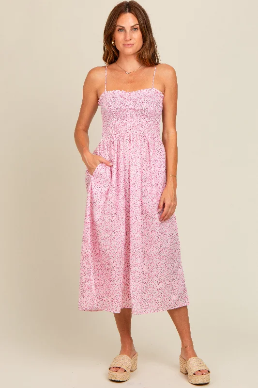 Celtic Dresses with Knotwork -Pink Printed Smocked Midi Dress