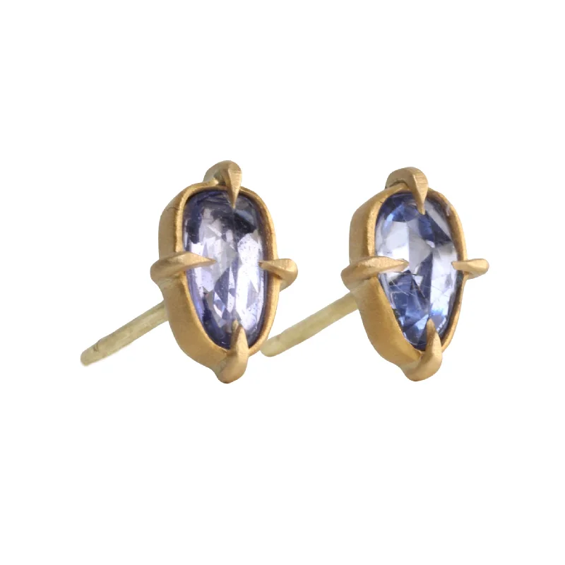 Stud Earrings with Hammered Finish -18K & Faceted Organic Blue Sapphire Stud Earrings