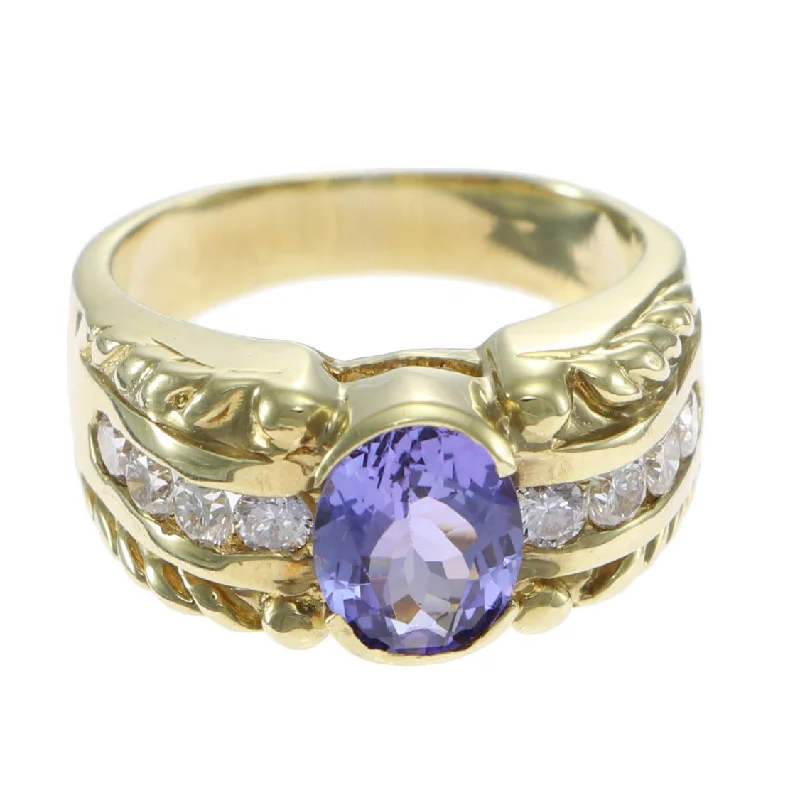 Rings with wide bands for statement wear -2.12ctw Oval Shape Tanzanite Diamond Cocktail Ring Ribbed 18k Yellow Gold Womens