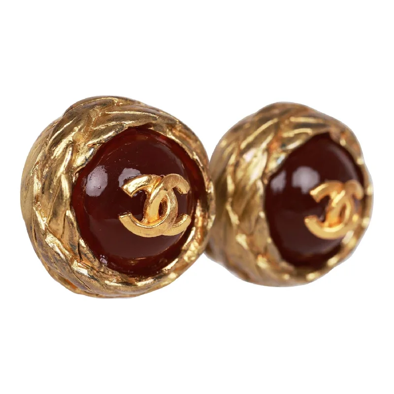 Clip On Stud Earrings for Non Pierced -Chanel Vintage Gold CC Red Gripoix Stud Earrings