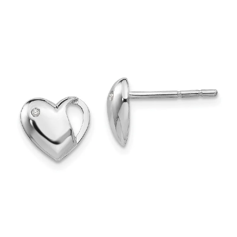 Stud Earrings with Textured Surface -925 Sterling Silver Diamond Heart Stud Earrings (L-9 mm, W-10 mm)