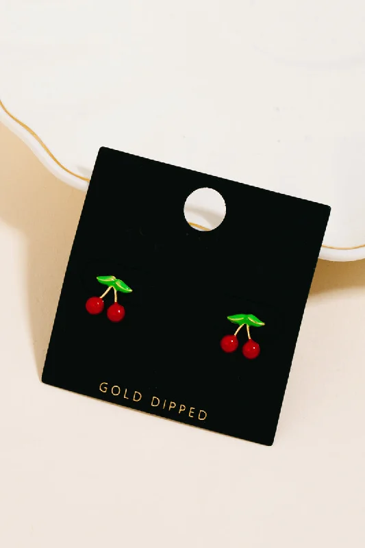 Stud Earrings with Abstract Designs -Gold Dipped Mini Cherry Stud Earrings