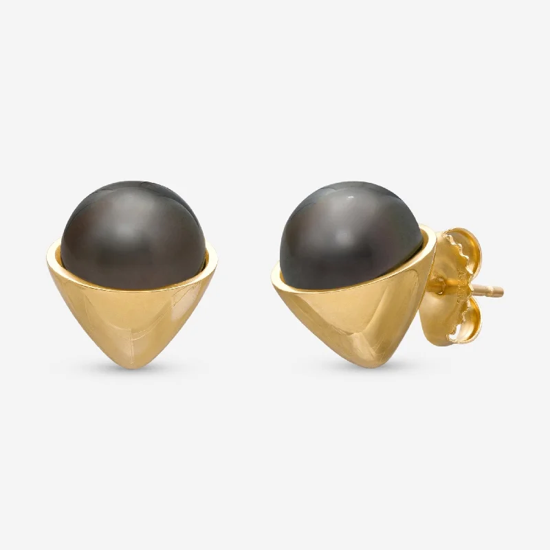 Lightweight Stud Earrings for All Day -Assael 18K Yellow Gold Tahitian Natural Color Cultured Pearl Stud Earrings EG-OYTH-2