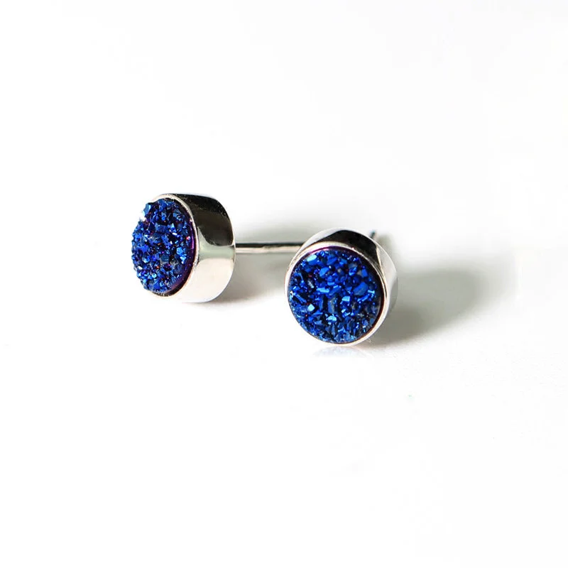 Stud Earrings for Casual Outfit -Blue Crystal Druse Drusy Stud Earrings in Sterling Silver Jewelry Accessories Women