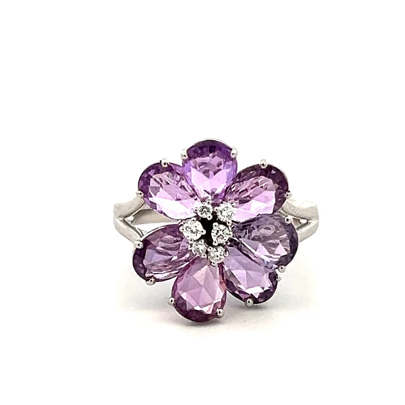 Rings with polished opal for iridescent beauty -18K White Gold 4.76ctw Briolette Purple Sapphire & Diamond Flower Ring