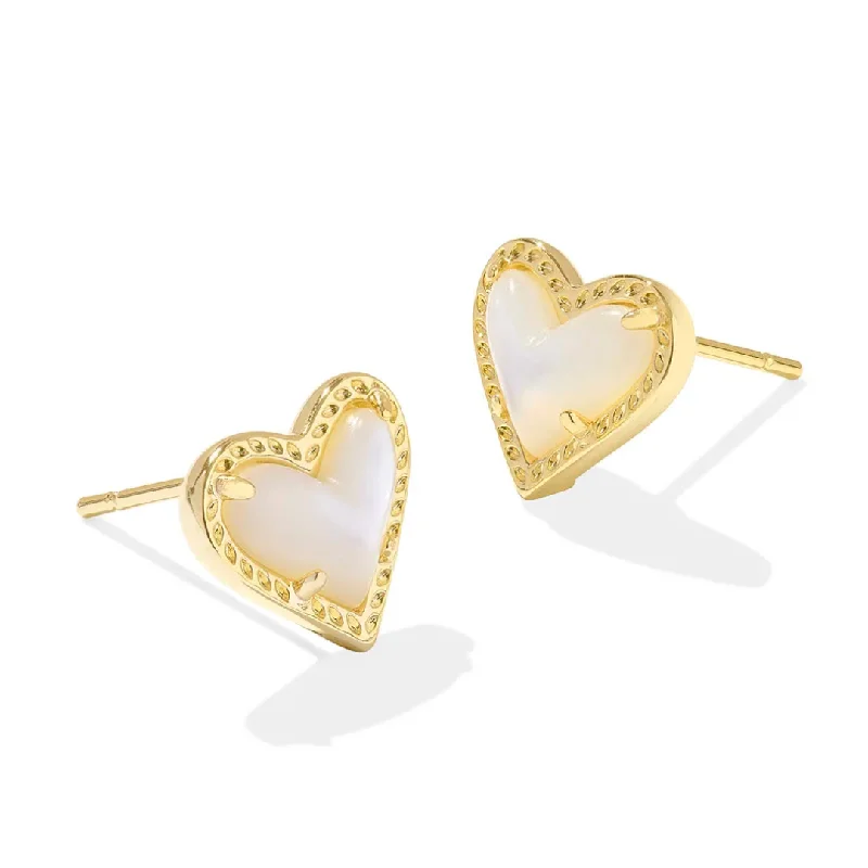 Stud Earrings with Crown Designs -Kendra Scott | Ari Heart Gold Stud Earrings in Ivory Mother-of-Pearl