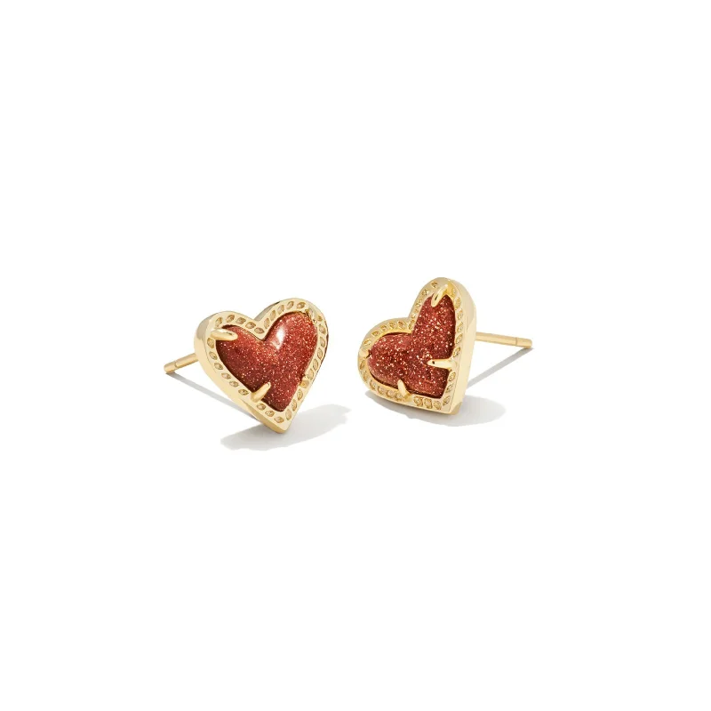 Stud Earrings with Wave Designs -Kendra Scott | Ari Heart Gold Stud Earrings in Orange Goldstone