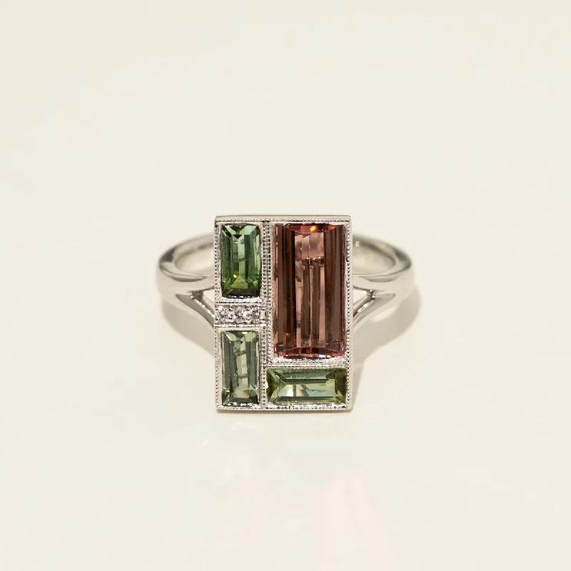 Rings with floral halo diamond arrangements -Stained Glass Maine Pink and Green Tourmaline Ring in 14kt White Gold with Diamonds (.02ct tw)