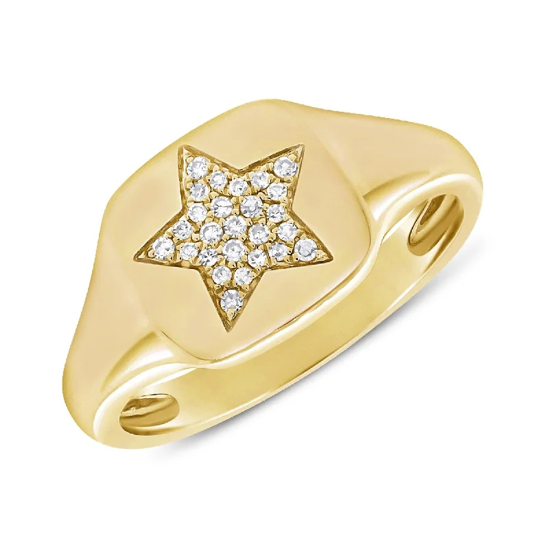 Rings with hammered silver for rustic appeal -Joelle Collection Diamond Pave Star Signet Pinky Ring 14k Gold