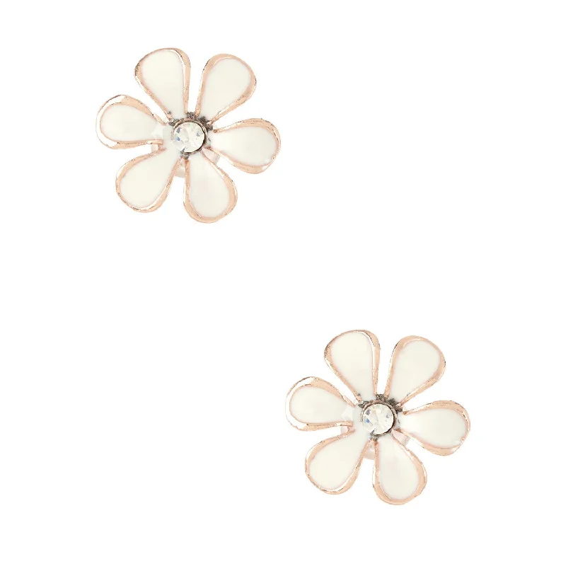 Stud Earrings with Abstract Designs -Women's Fashion Flower Stud Earrings with CZ Accents & White Enamel Design - Rose Gold