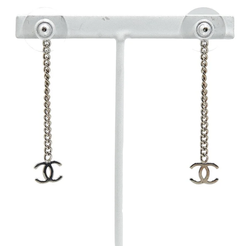 Stud Earrings for Wedding Ceremony -Chanel Coco Long Chain Stud Earrings Silver Metal  Chanel