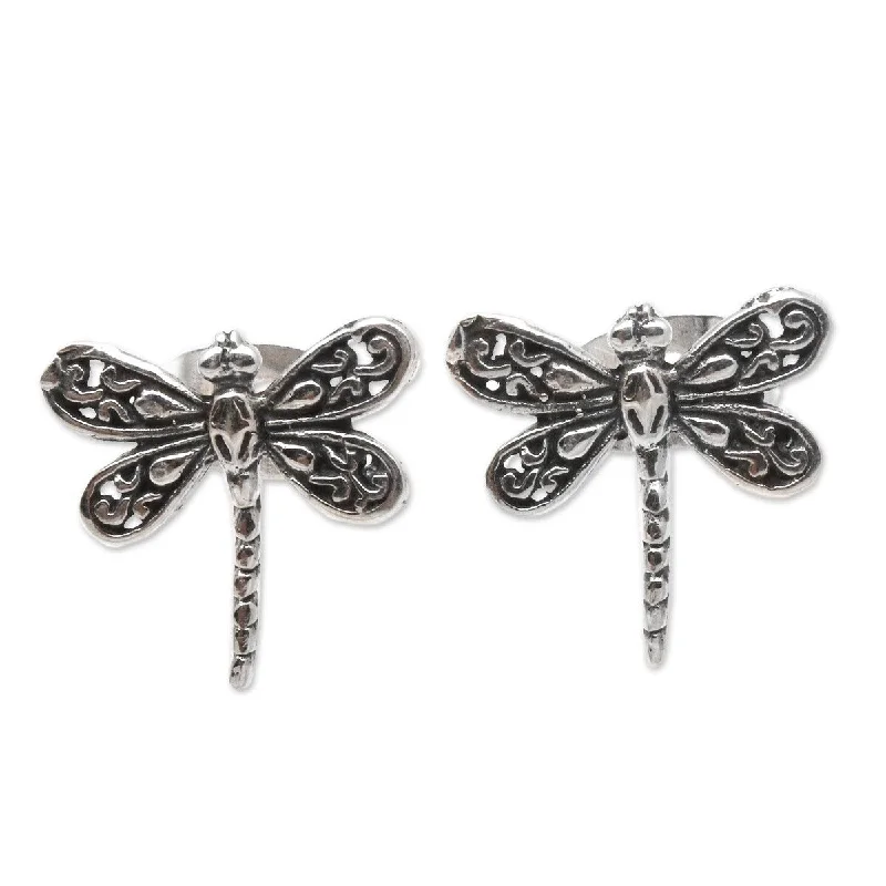 Stud Earrings for Office Wear -NOVICA Dragonfly Intricacy, Sterling silver stud earrings - 0.4" L x 0.4" W x 0.1" D