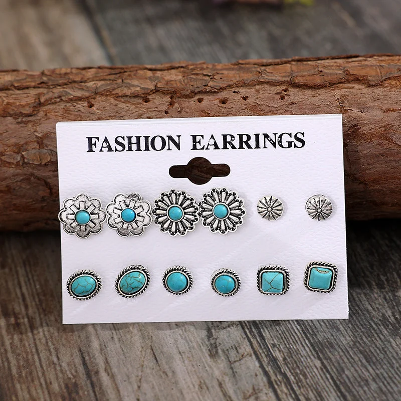 Double Stud Earrings for Impact -Wholesale Retro Western Style Geometric Multi-piece Set of Turquoise Stud Earrings