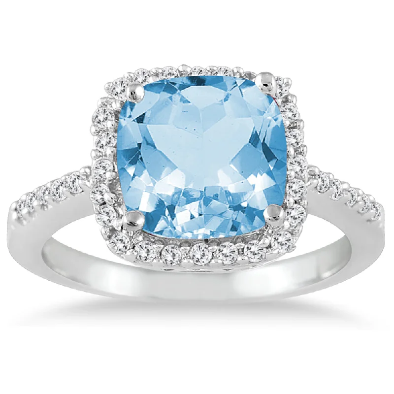 Rings with hexagon-cut stones for trendiness -2 1/2 Carat Cushion Cut Topaz And Diamond Ring 14K White Gold