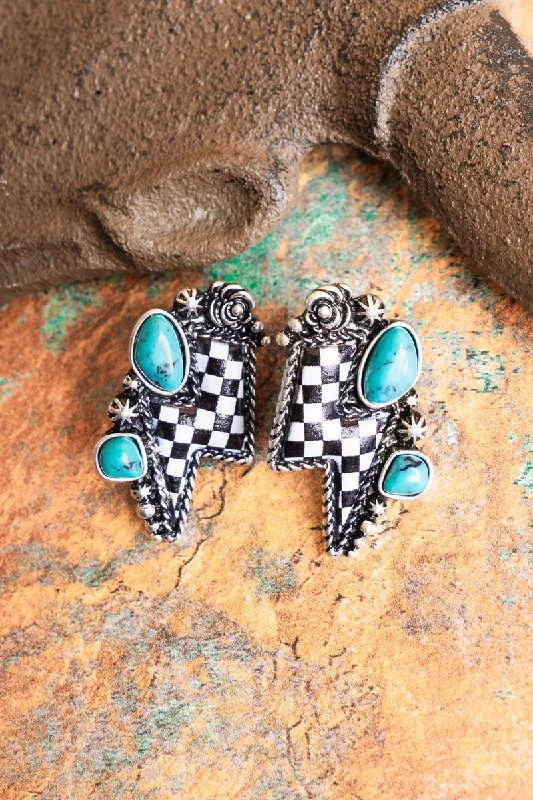 Lead Free Stud Earrings for Health -Checker Board Turquoise Lightning Bolt Stud Earrings