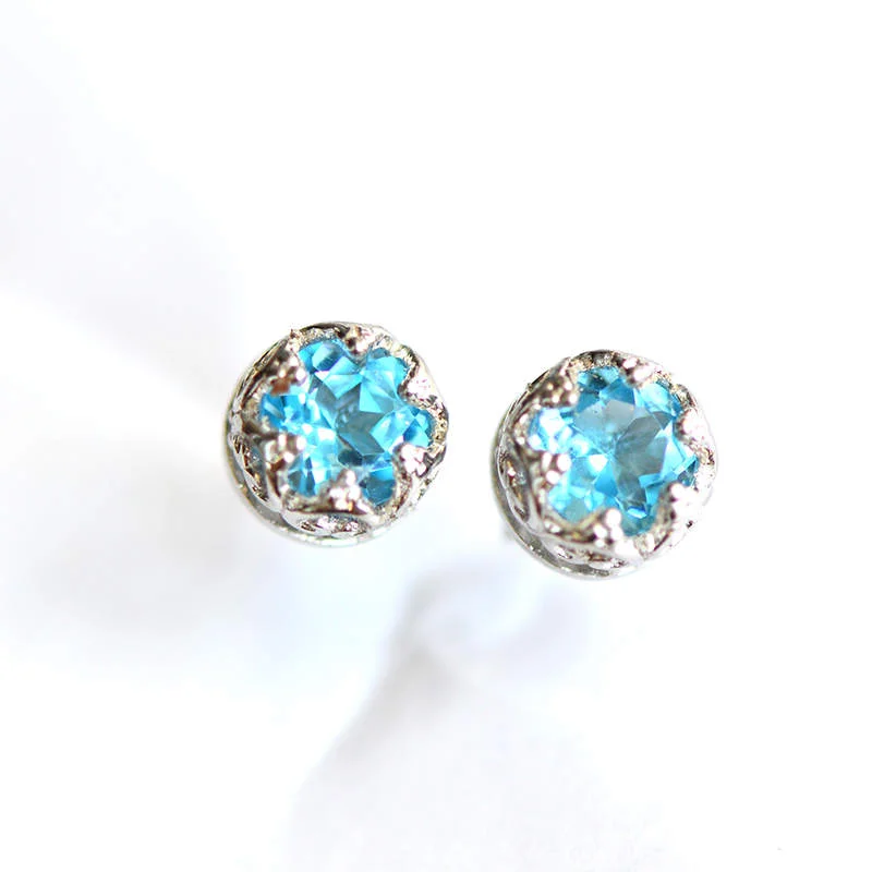 Stud Earrings with Chevron Designs -Blue Topaz Stud Earrings in Sterling Silver November Birthstone Handmade Jewelry