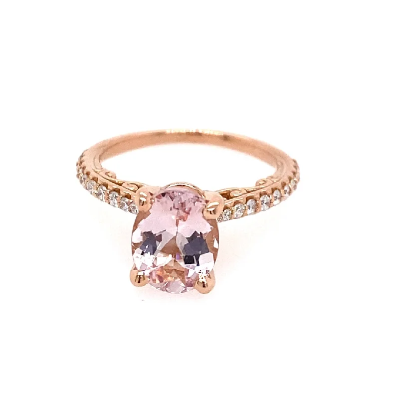 Rose gold rings featuring delicate pearl inlays -14K Rose Gold 1.97ctw Oval Morganite & Diamond Scroll Ring