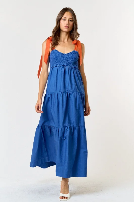 Silk Dresses for Luxurious -Royal Blue Contrast Shoulder Straps Maxi Dress