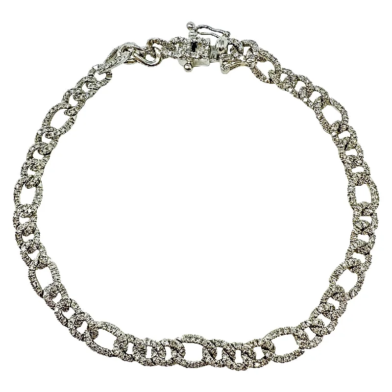 Bracelets with wave engravings for ocean vibes -14K White Gold Diamond Figaro Bracelet