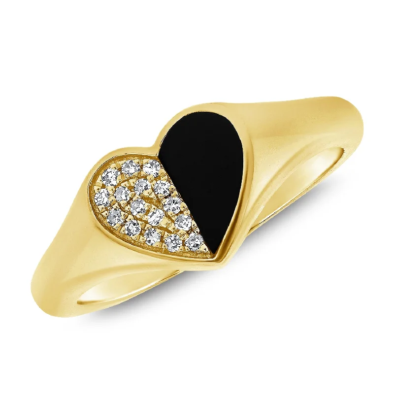 Rings with delicate filigree sapphire settings -Timeless Heart Pinky Ring with Black Agate and Diamonds in 14K Gold