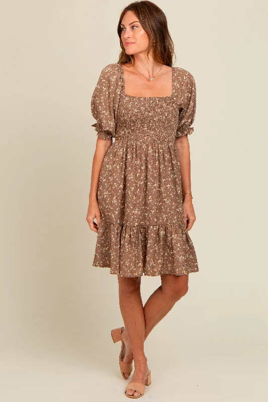 Gothic Dresses with Dark Tone -Mocha Floral Smocked Puff Sleeve Dress