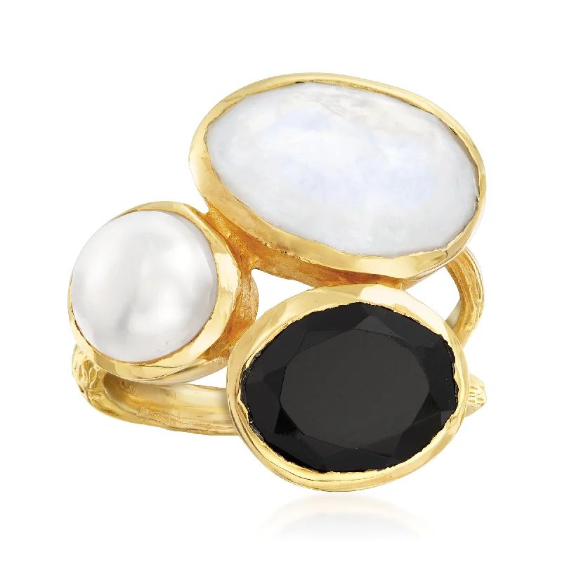 Rings with pave ruby for dazzling sparkle -Ross-Simons 8mm Cultured Pearl, Black Onyx and Moonstone Ring in 18kt Gold Over Sterling