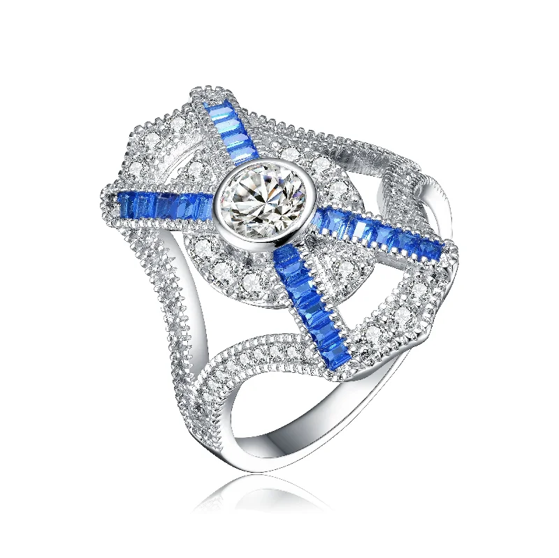 Rings with blue quartz for cool tones -GENEVIVE Sterling Silver Sapphire Cubic Zirconia Geometrical Coctail Ring