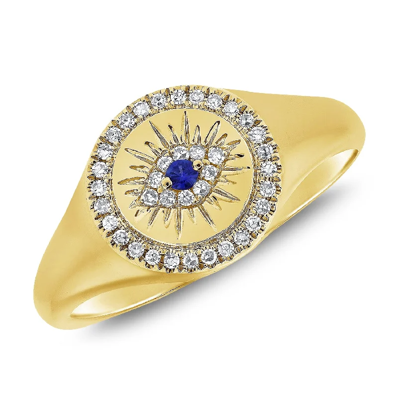 Dainty rings with subtle engraved star motifs -Evil Eye Pinky Ring with Sapphires and Diamonds