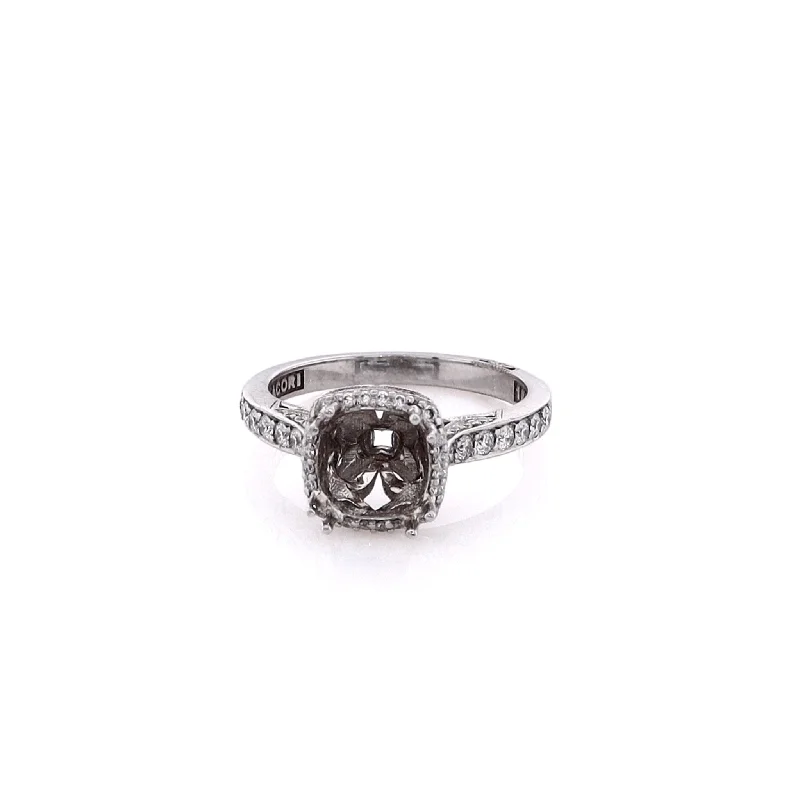 Rings with carved onyx for bold sleekness -Estate Tacori 18 Karat White Gold Diamond 3 Sided Halo and Shank Ring Mounting