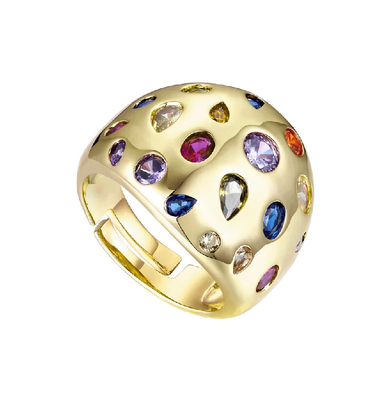 Rings with black diamond for striking contrast -Rg 14k Yellow Gold Plated with Rainbow Cubic Zirconia Diamond Dome Ring