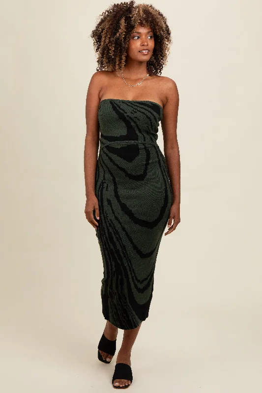 Leather Dresses for Luxury -Olive Printed Strapless Cutout Fitted Maxi Dress