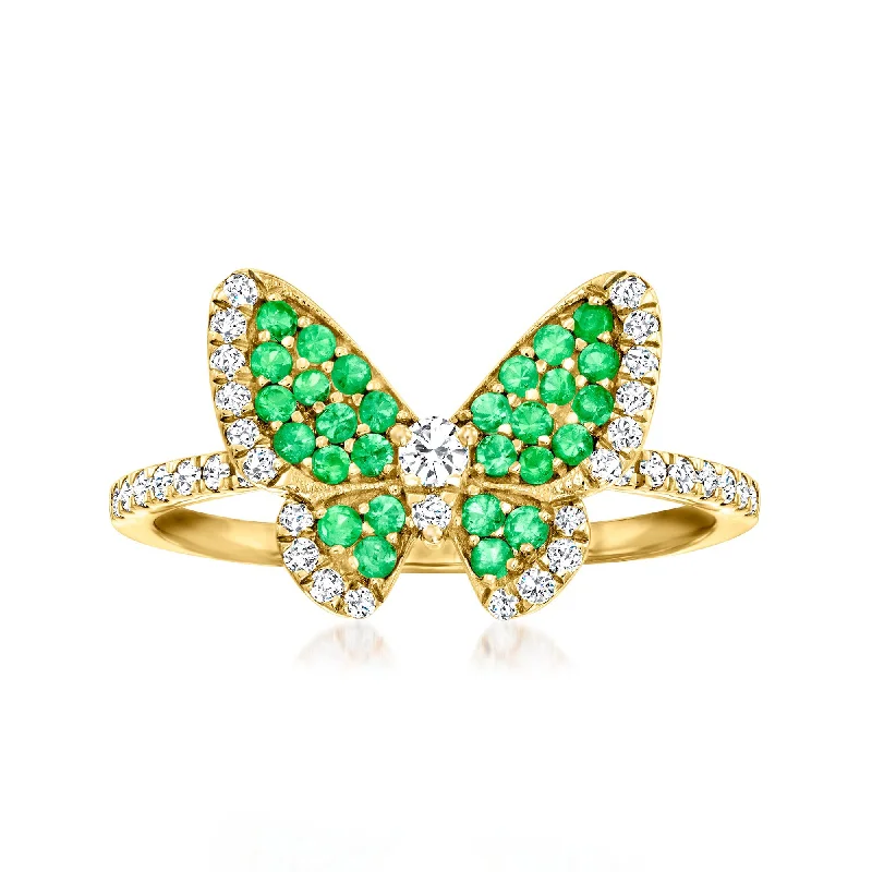 Rings with pave ruby for dazzling sparkle -Ross-Simons Emerald and . Diamond Butterfly Ring in 14kt Yellow Gold