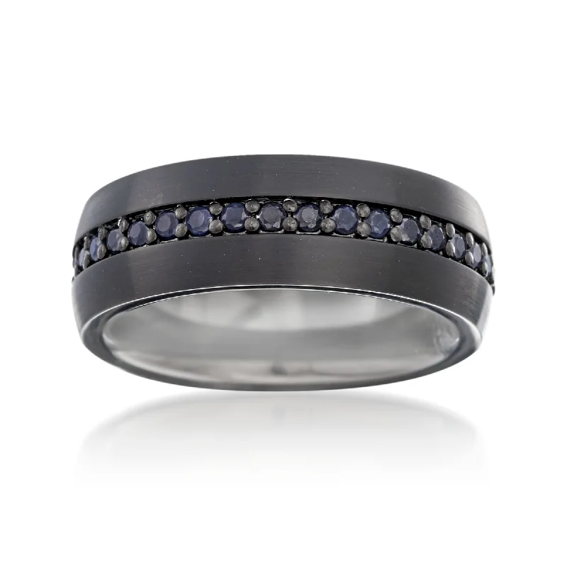 Rings with rough sapphire for rugged chic -Ross-Simons Men's Black Sapphire Eternity Wedding Ring in Tungsten Carbide