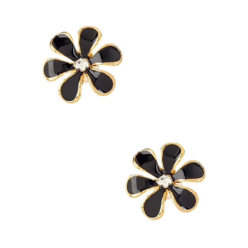 Stud Earrings with Star Motifs -Women's Fashion Flower Stud Earrings with CZ Accents & Black Enamel Design - Gold