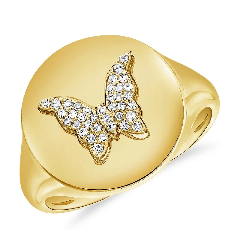 Rings with herkimer diamonds for raw clarity -Joelle Collection Diamond Pave Signet Butterfly Pinky Ring