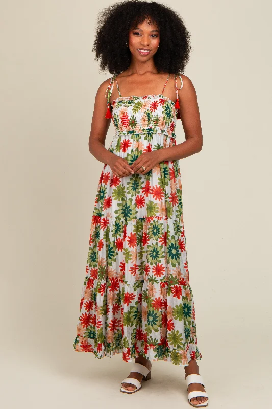 Modern Dresses for Trendy -Green Floral Smocked Shoulder Tie Maxi Dress