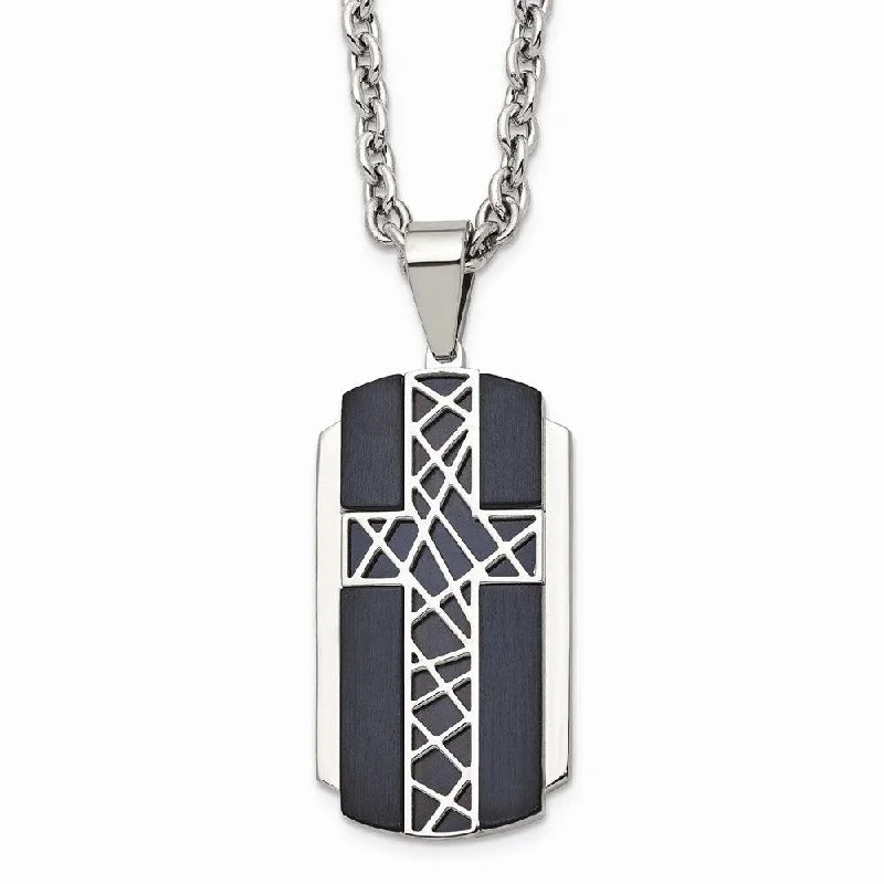 Necklaces and pendants with engraved messages for a deeply personal, sentimental gift-Stainless Steel Brushed and Polished Black IP-plated Cross Necklace