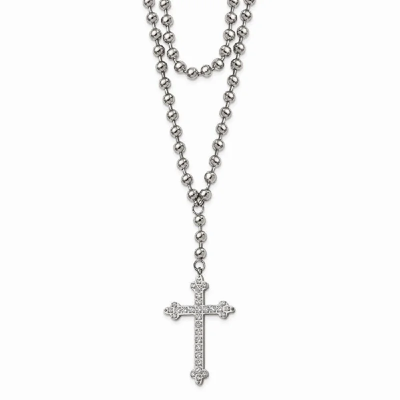 Necklaces and pendants with crescent moon designs for a celestial and mystical feel-Stainless Steel Polished Cross w/Crystal Two Bead Chain Necklace